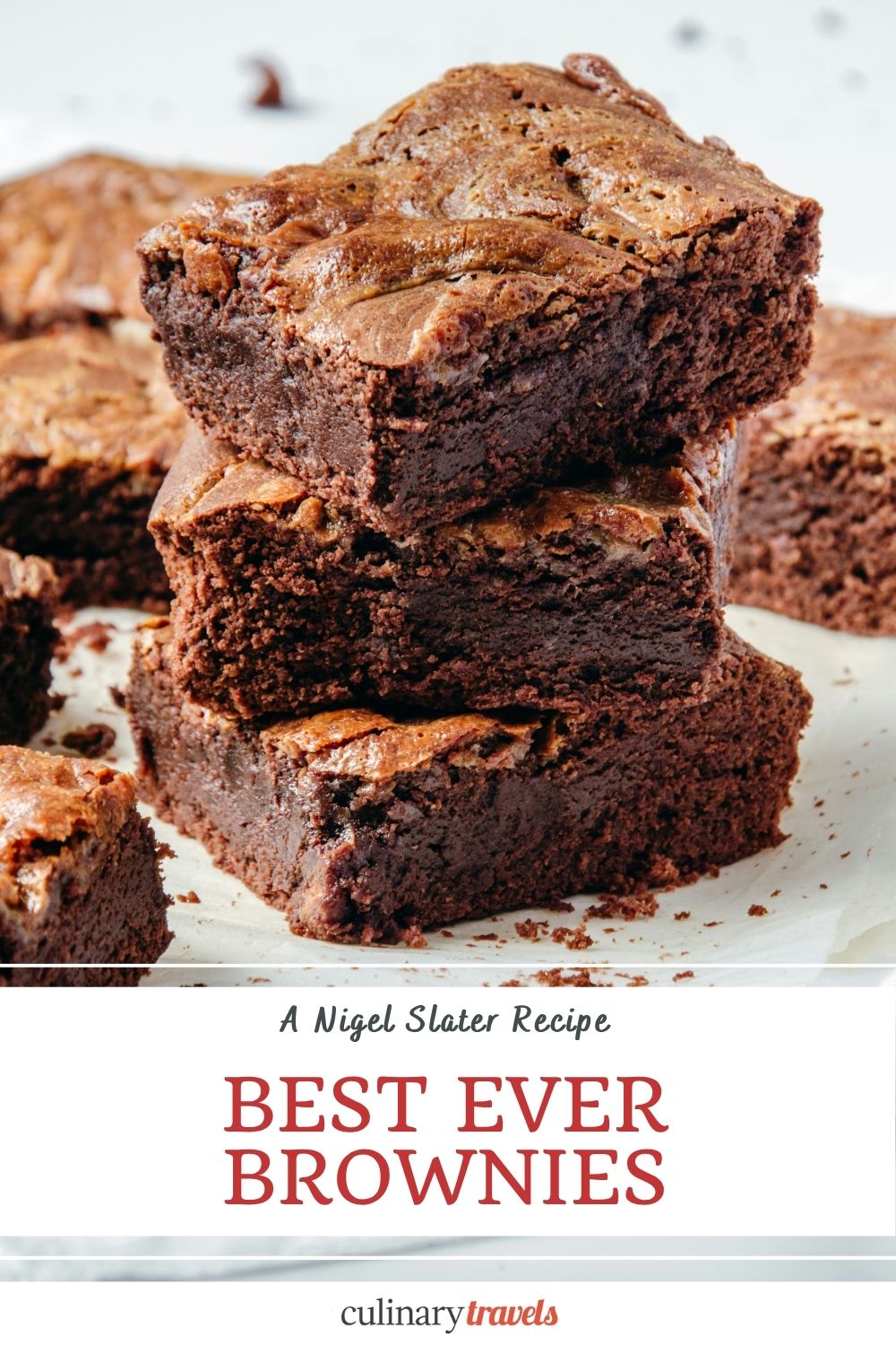 Social share graphic for Nigel Slater brownies featuring a stack of fudgy chocolate brownies and the words “Best Ever Brownies”
